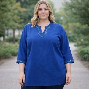 Fashion Bug Embroidered Split‎ Neck Peasant Tunic Top 14/16 Coastal Resort